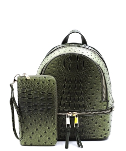 Ostrich Croc 2in1 Backpack Wallet Set OS1082W OLIVE